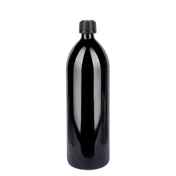 Kulatá fialová skleněná láhev (láhev na vodu) 1000ml, DIN-CET PP28 STD, včetně černého šroubovacího uzávěru 103575 Kulatá fialová skleněná láhev (láhev na vodu) 1000ml, DIN-CET PP28 STD, včetně černého šroubovacího uzávěru 103575