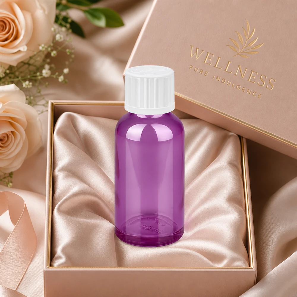 Stilvolle 30ml Tropfflasche Purple mit weißem Deckel perfekt für edle Geschenkverpackungen