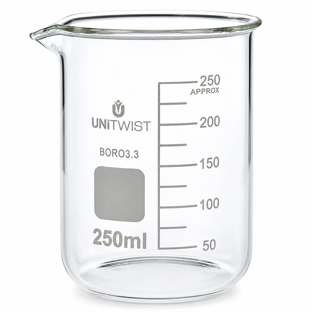 Kádinka 250ml borosilikátová, nízká forma UNiTWIST UNiTWIST 250ml Messbecherglas Borosilikat niedrige Form mit Beschriftungsfeld grau