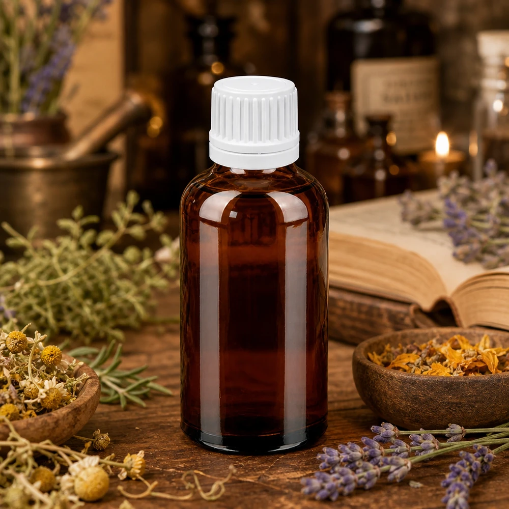 50ml lahvička s kapátkem 0,7 mm bílá s uzávěrem s ochranou proti manipulaci BrownLine UT18/50 Kompakte 50ml Reiseflasche aus Braunglas mit lecksicherem weißem Tropfverschluss für unterwegs