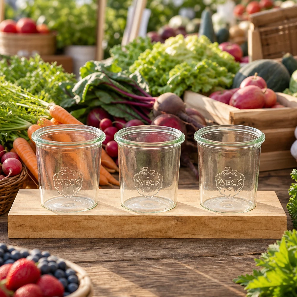 Servírovací prkénko Plano3 se 3 kelímky Weck 160 ml Leere Weck Sturzgläser 160ml auf Holzbrett Plano3 zwischen frischem Gemüse auf Marktstand - ideal für Konserven