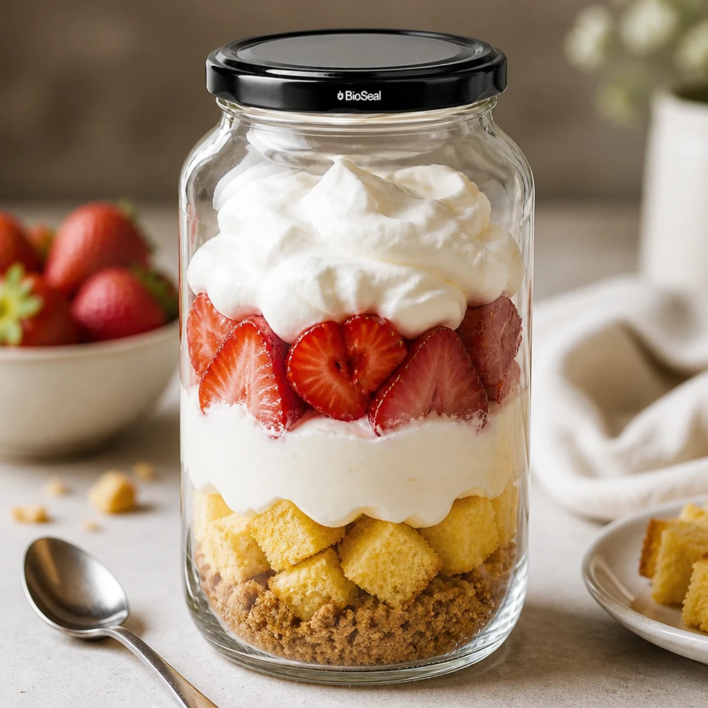 Kulatá nádoba o objemu 1062 ml s černým víkem UNiTWIST BioSeal. UNiTWIST Rundglas 1062 mit schwarzem TO82 BioSeal Deckel als Dessertglas mit Erdbeeren und Sahne Schichtdessert