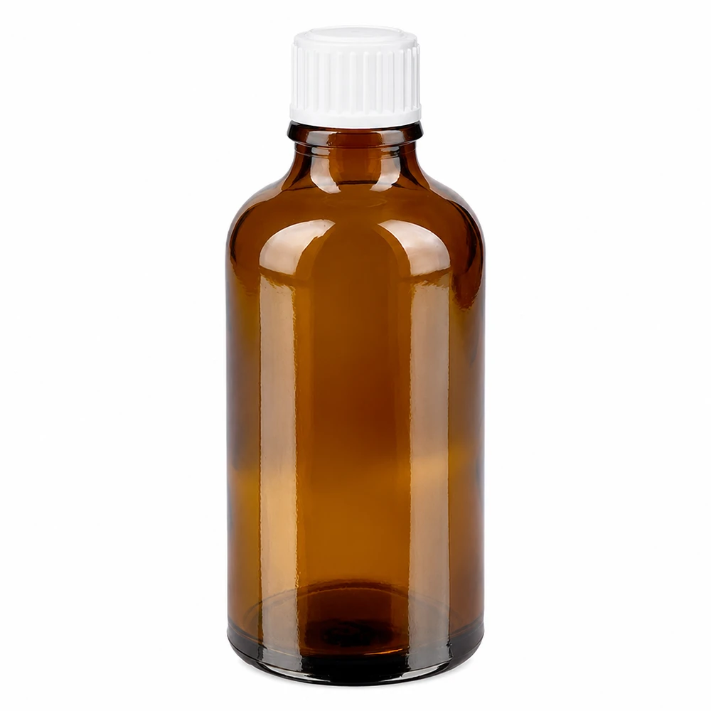 Lékárenská láhev hnědá 50ml šroubovací uzávěr bílý standardní Pharmazeutische 50ml Glasflasche bernsteinfarben mit weißem Schraubdeckel