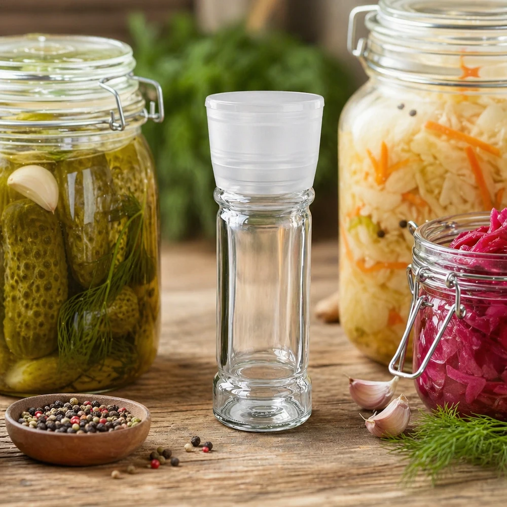 Sklenice na sůl/koření 100ml s mlýnkem Vario bílá Kompakte Gewürzmühle 100ml aus Glas mit Kunststoffaufsatz für Salz und Pfeffer