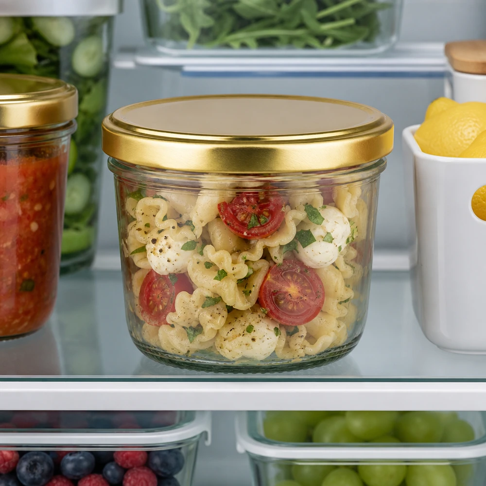 230ml tumblery s víčkem BasicSeal zlaté UNiTWIST. 230ml Sturzglas BasicSeal gold im Kühlschrank mit Nudelsalat gefüllt neben anderen Vorratsbehältern