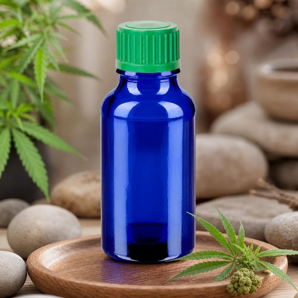 20ml blaue Tropfflasche mit umweltfreundlichem Glasmaterial und recycelbarem grünem Verschluss