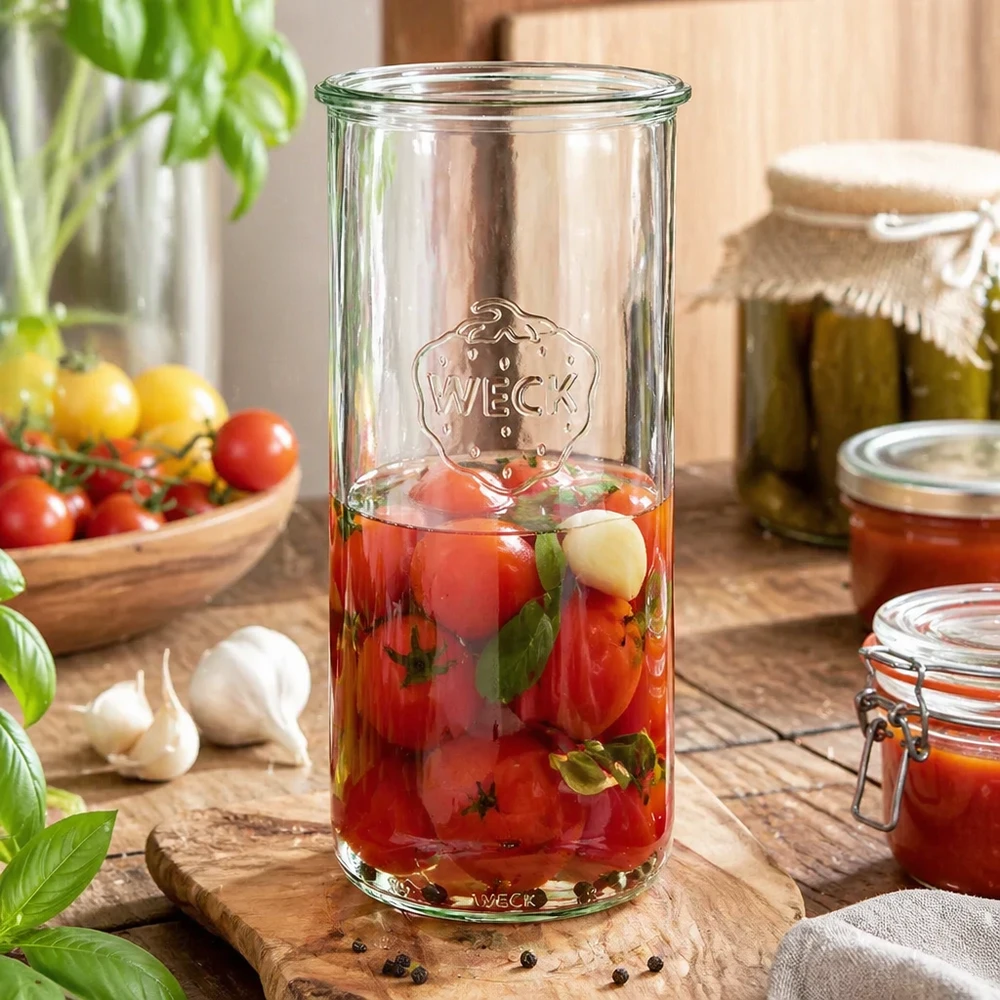 1500ml zavařovací sklenice WECK RR100 s dřevěným dřevem - 1500ml zavařovací sklenice s dřevěným dřevem 1500ml WECK Sturzglas RR100 mit eingelegten Tomaten auf Holzbrett, umgeben von frischen Tomaten und Einmachgläsern