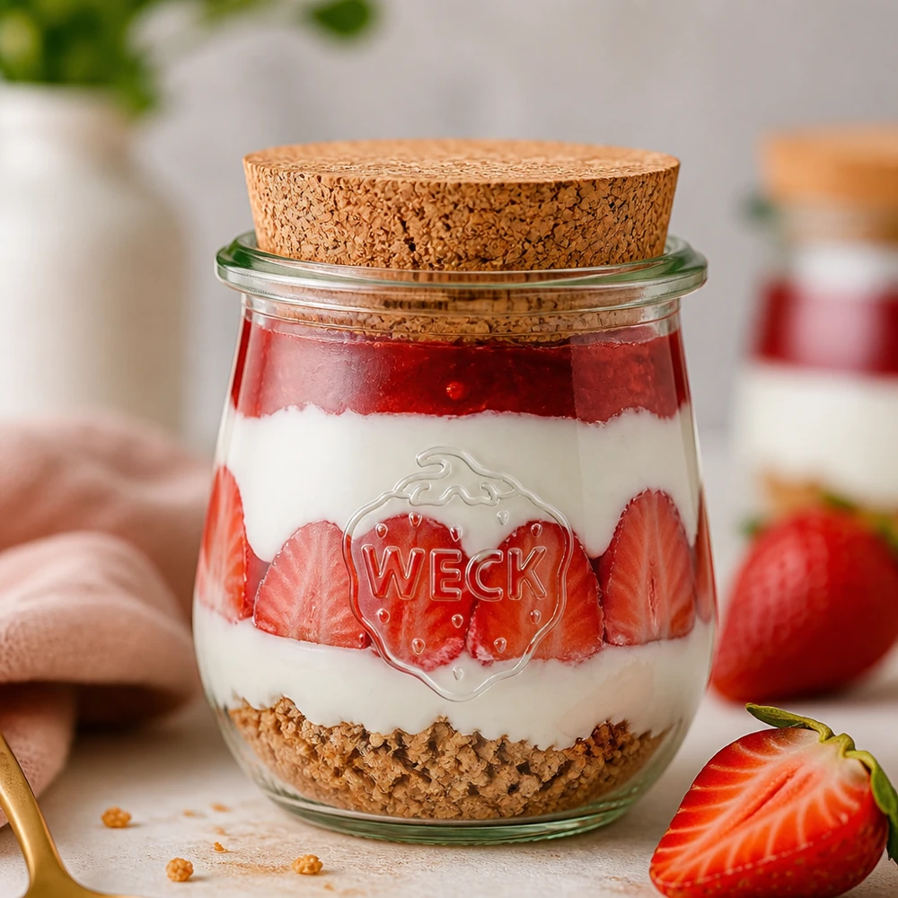 220ml tulipánová sklenice WECK RR60 s korkem přírodní WECK Tulpenglas 220ml RR60 mit Korken für Desserts Joghurt und Overnight Oats kreative Küchendeko mit Erdbeeren