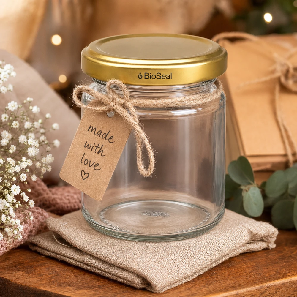 Kulatá dóza o objemu 53 ml se zlatým víčkem UNiTWIST BioSeal. UNiTWIST Runda53 Geschenkglas mit goldenem TO43 BioSeal Deckel und handgeschriebenem Anhänger Made with Love
