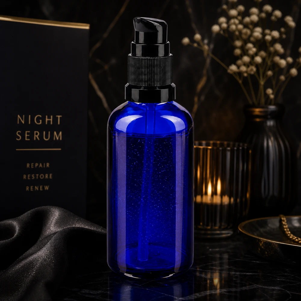 Lékárenská láhev modrá 50ml pumpovací uzávěr černý standardní 50ml Pumpflasche aus UV-schützendem blauem Apothekerglas mit schwarzem Standardpumpkopf