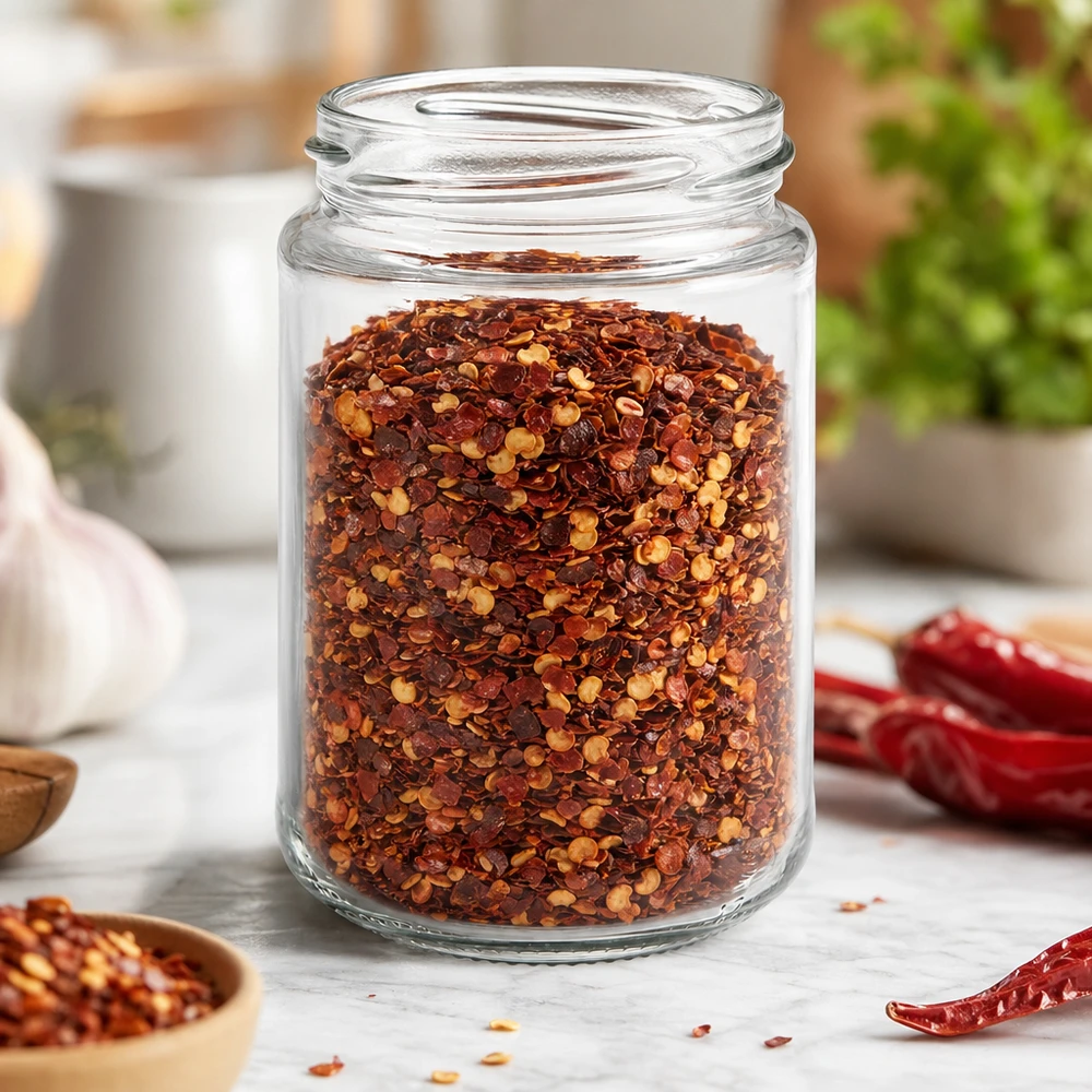 Kulatá sklenice o objemu 390 ml bez víčka (TO70) UNiTWIST UNiTWIST Runda390 Rundglas 390ml TO70 mit Chili-Gewürzmischung gefüllt in Küche mit Chilischoten