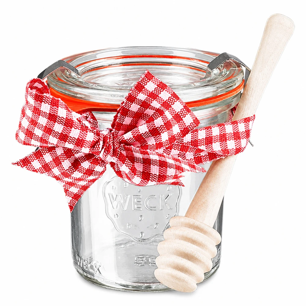 Mini sklenice WECK 140ml kompletní se lžičkou na med WECK Mini Sturzglas 140ml mit Deckel roter Schleife und Honiglöffel aus Holz Einmachglas komplett Set