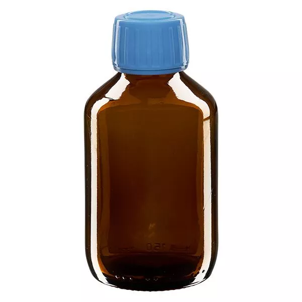 150ml lahvička na léky hnědá, modrý uzávěr s tamper-evidentním kroužkem ApoGlas. 150ml lahvička na léky hnědá, modrý uzávěr s tamper-evidentním kroužkem ApoGlas.