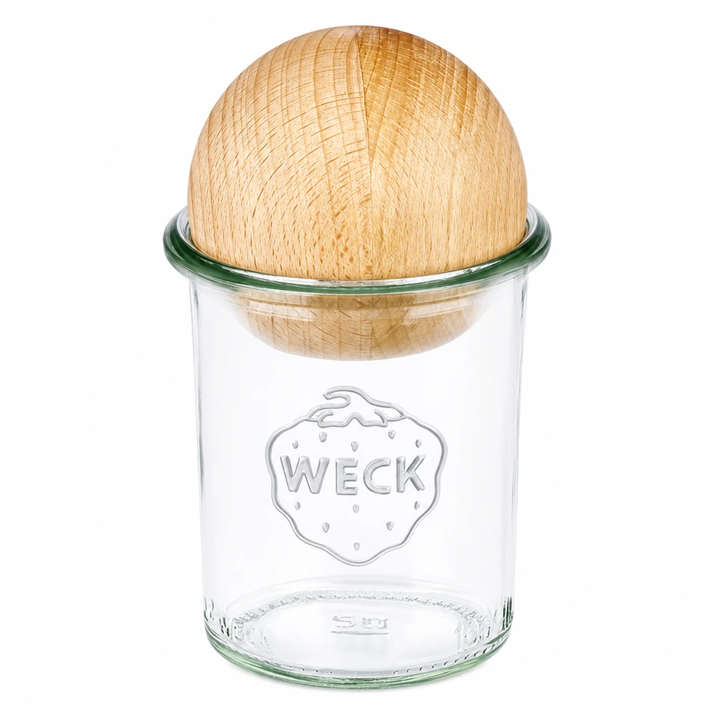 160ml kelímky WECK RR60 s dřevěnou kuličkou buk 160ml WECK Sturzglas RR60 mit Holzkugel aus Buche als Deckel, transparentes Einmachglas mit Holzverschluss