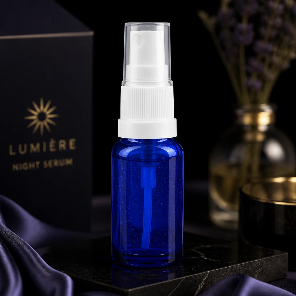 Lékárenská lahvička modrá 10ml s rozprašovacím víčkem bílá Blaue 10ml Flakon aus Apothekenglas mit transparentem Deckel und weißem Sprühkopf Standard