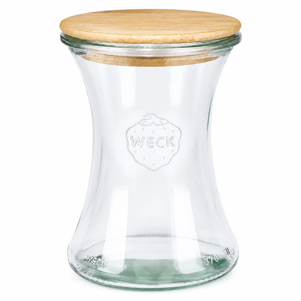 370ml lahůdková sklenice WECK RR80 s dřevěným víčkem kulička. WECK Delikatessenglas 370ml RR80 mit Holzdeckel aus Glas transparent für Einmachen und Vorratshaltung