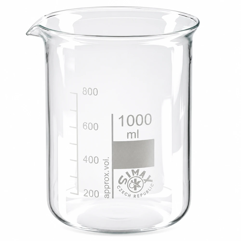Kádinka 1000ml z borosilikátového skla, nízký tvar Großes Becherglas 1 Liter Fassungsvermögen aus säurebeständigem Borosilikatglas niedrige Form
