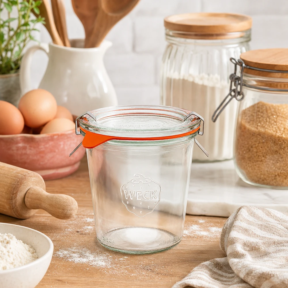 290ml vysoká skleněná nádoba kompletní WECK RR80 WECK Sturzglas 290ml RR80 leer in natürlicher Küchenumgebung mit Backzutaten Mehl Eiern und Holzutensilien