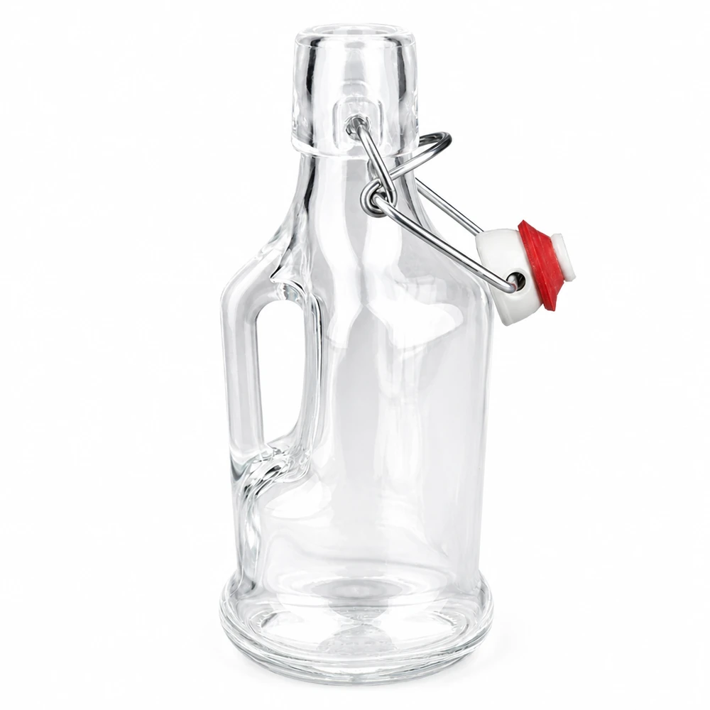 200ml Glasflasche "Bertha" + Porzellan Bügelverschluss UNiTW Glasflasche Bertha 200ml mit rotem Gummiring am Bügelverschluss und Henkel Detail Seitenansicht UNiTW
