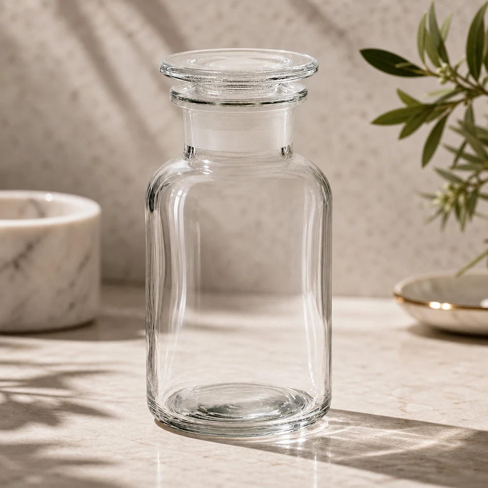 Láhev s kulatým ramenem 250ml čirá skleněná zátka se širokým hrdlem Dekorative Glasflasche 250ml Weithals mit Stopfen für Öle Essenzen und Naturkosmetik geeignet