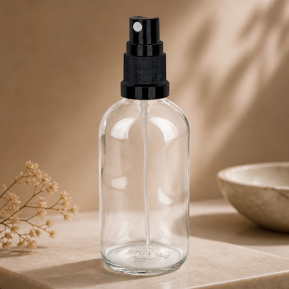 100ml láhev na sprej černá standardní uzávěr ClearLine UT18/100 Stilvolle 100ml Miniatur-Sprayflasche aus transparentem Glas mit schwarzem Sprühkopf