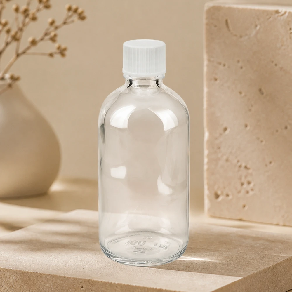100ml láhev 11mm šroubovací uzávěr bílý standard ClearLine UT18/100 Schlanke 100ml Glasflasche ClearLine Serie weißer Sicherheitsdeckel 11mm Probenaufbewahrung