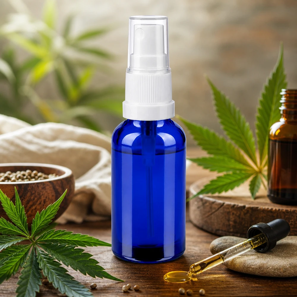 Handliche 30ml Glasflasche in Blau mit weißem Sprühventil perfect für Naturkosmetik und Öle