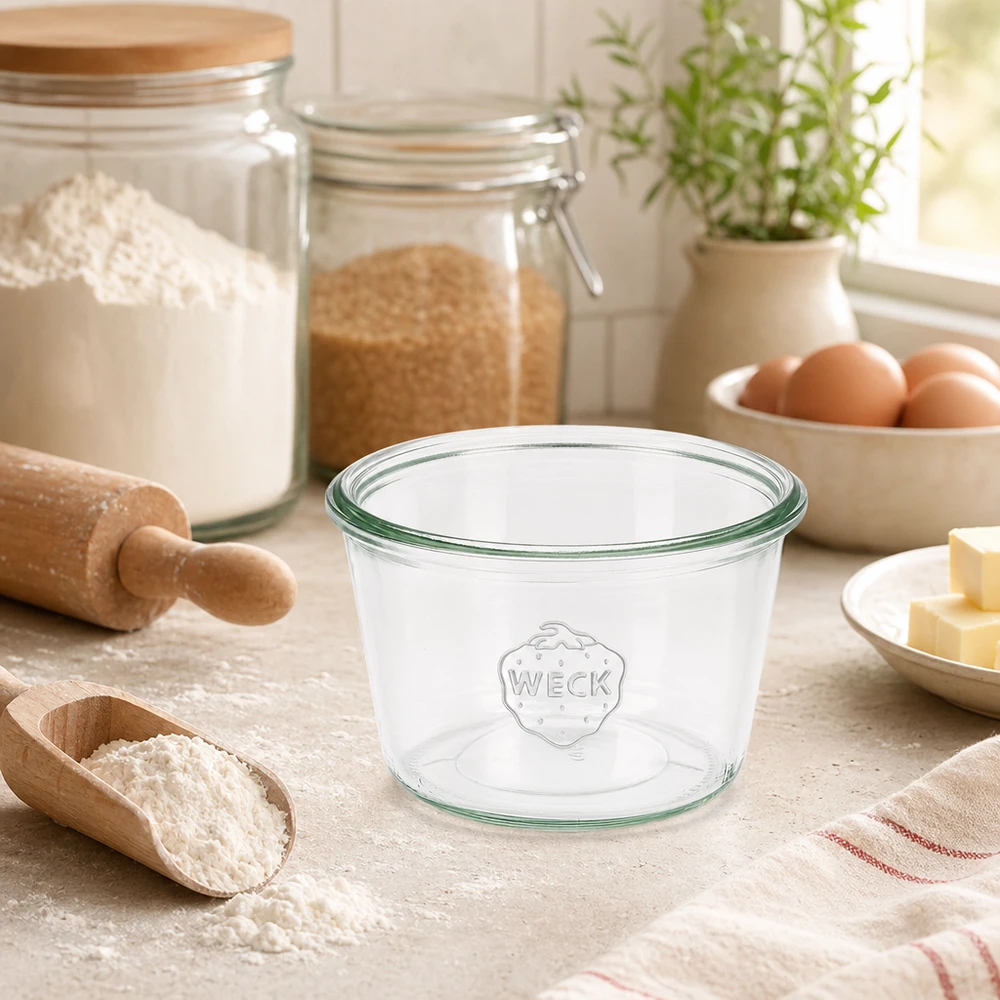 370ml tumble nádoba WECK RR100 s dřevěným dřevem - dřevěná nádoba s dřevem. WECK Sturzglas 370ml RR100 aus Glas in Küche mit Backzutaten und Küchenutensilien