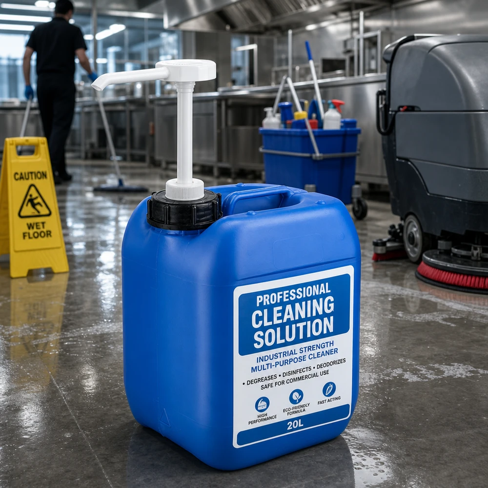 Blauer Chemikalienkanister mit Pumpaufsatz für gewerbliche Reinigungsmittel in Profiküche