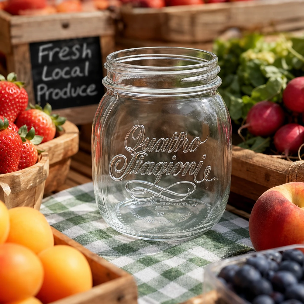 700ml Quattro Stagioni Haushaltsglas auf karierter Tischdecke umgeben von frischem Obst und Gemüse in Holzkisten