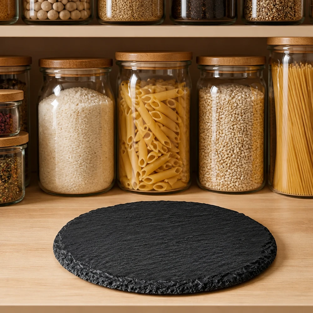 Břidlicový servírovací talíř kulatý Ø150mm Schieferplatte rund 150mm auf Holzregal vor Vorratsküche mit Pasta und Gewürzen in Glasdosen als natürliches Servierboar