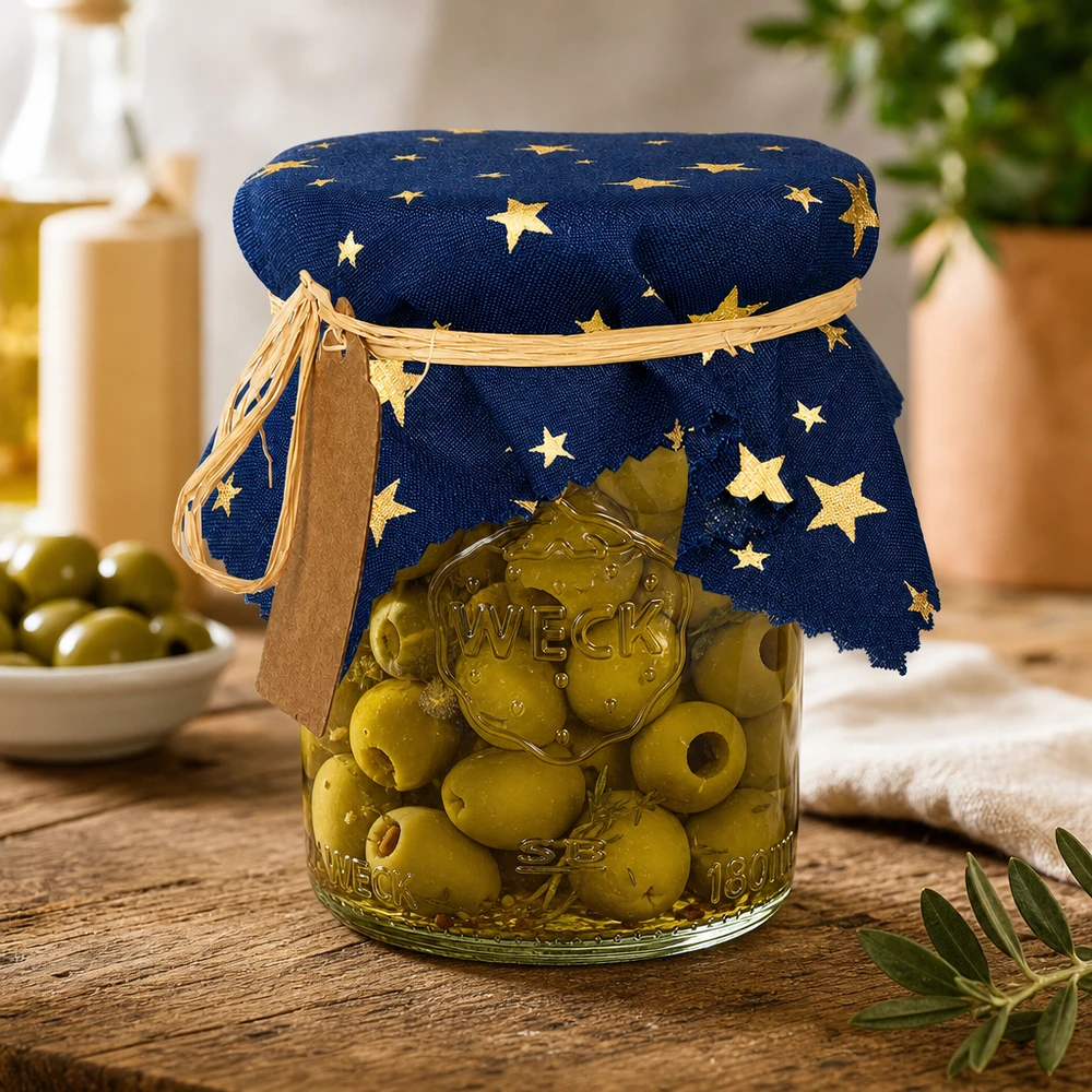 Látkový ubrousek na šperky modrý "hvězdy" 15cm čtvercový Dekoratives Schmuckdeckchen mit Sternenmuster auf Olivenglas in Küche - blaues Stoffdeckchen 15cm eckig