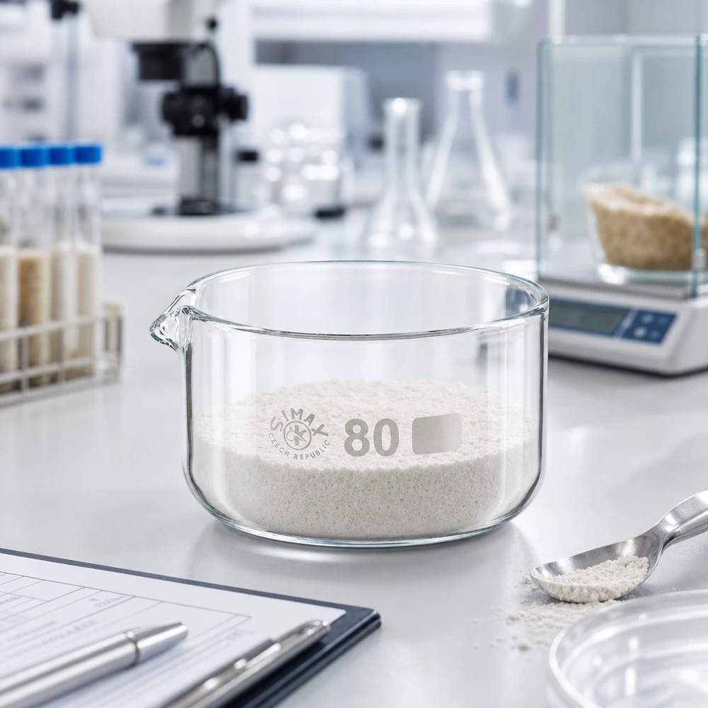 150ml krystalizační miska s výlevkou borosilikátová ø80mm Borosilikatglas Kristallisierschale 150ml bei Einwaage weißer Substanz im Analyselabor