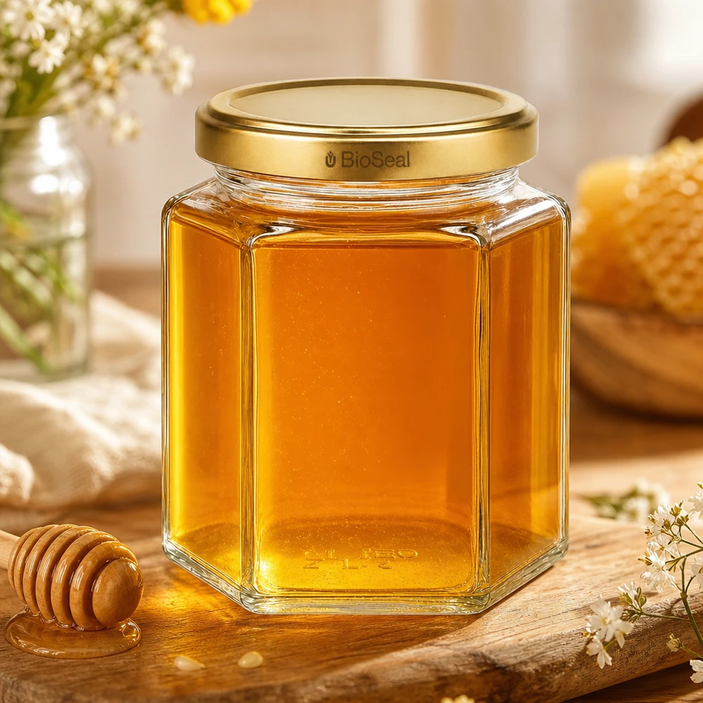 390ml sklenice Hexa se zlatým víčkem BioSeal UNiTWIST UNiTWIST Hexa390 Honigglas mit goldenem TO70 BioSeal Deckel neben Honigwabe und Honiglöffel auf Holztisch