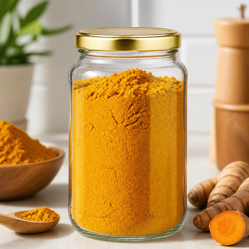 1700ml Rundglas mit goldenem BasicSeal Deckel gefüllt mit Kurkuma-Pulver zeigt praktische Küchenverwendung