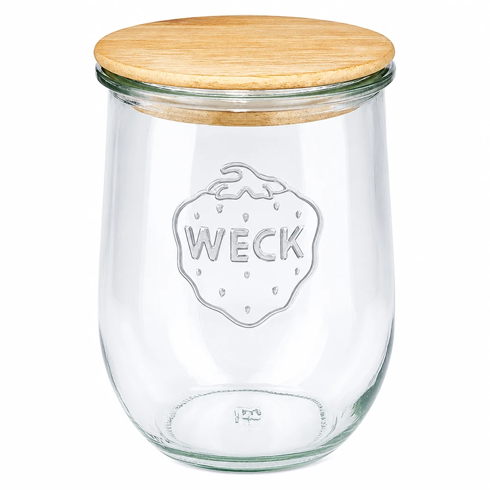 WECK Tulpenglas 1062ml RR100 mit Holzdeckel Einmachglas Vorratsglas aus Glas mit natürlichem Holzdeckel