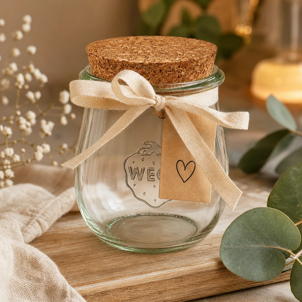 220ml tulipánová sklenice WECK RR60 s korkem přírodní WECK Tulpenglas 220ml RR60 dekorativ verpackt mit Schleife und Geschenkanhänger als Präsent auf Holztisch