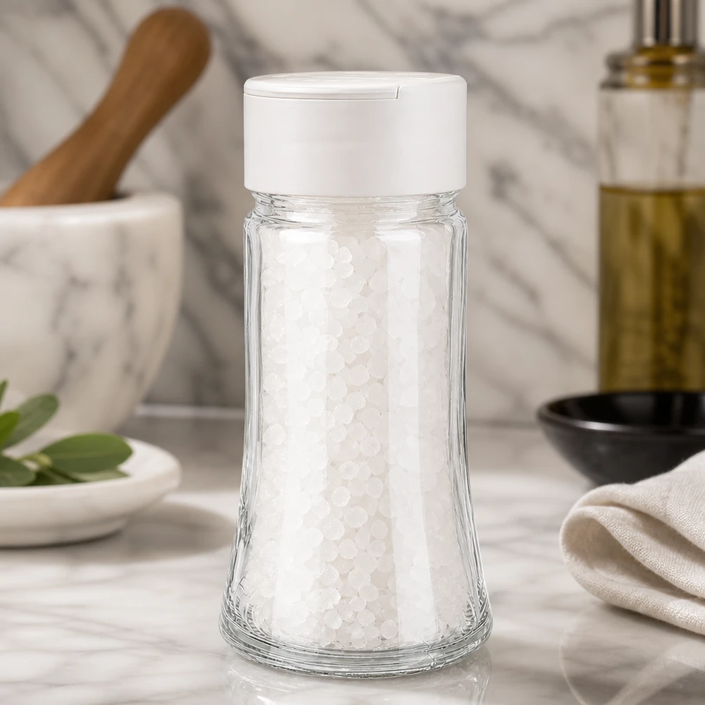 Dóza na sůl/koření 95 ml s dvojitým šejkrem bílá Elegantes Salzglas 95ml mit weißem Doppelstreuer auf Marmor – praktisch und stilvoll für die Küche