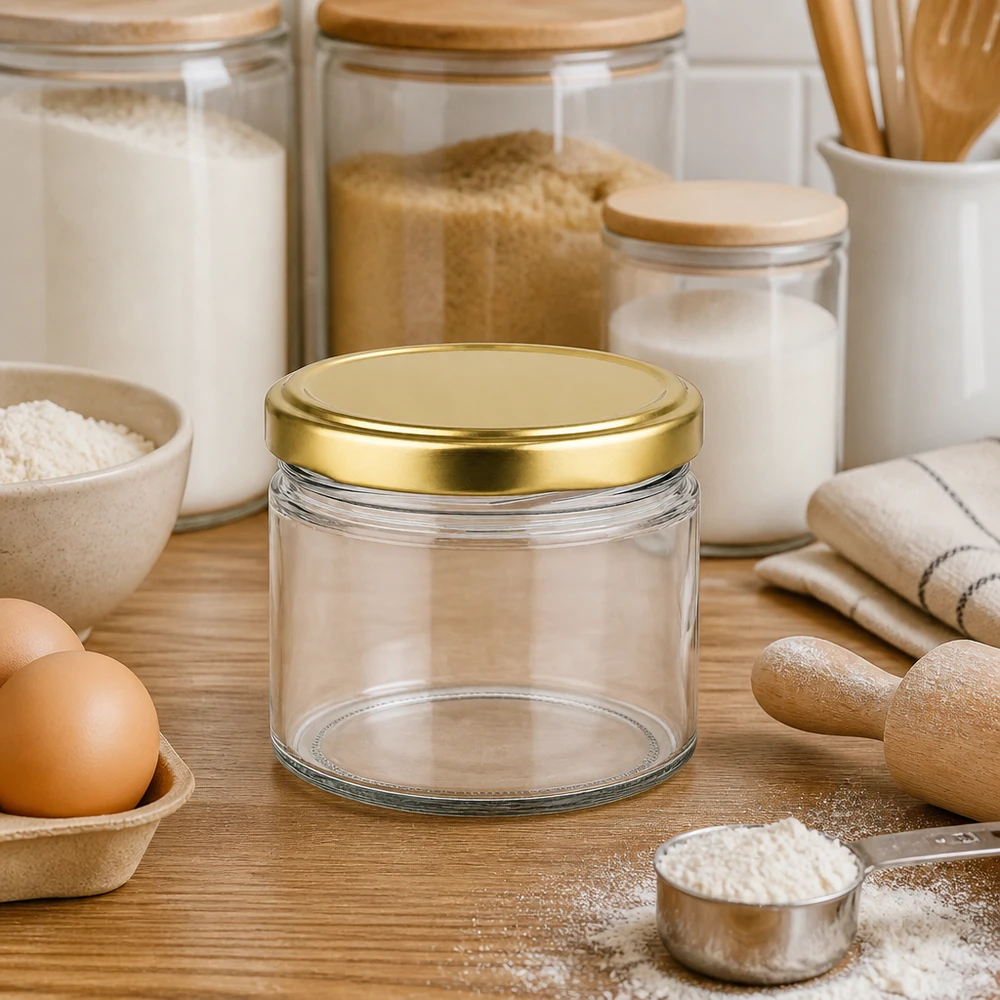 540ml Rundglas mit goldenem BasicSeal Deckel in moderner Küche zwischen Vorratsgläsern und Backzutaten