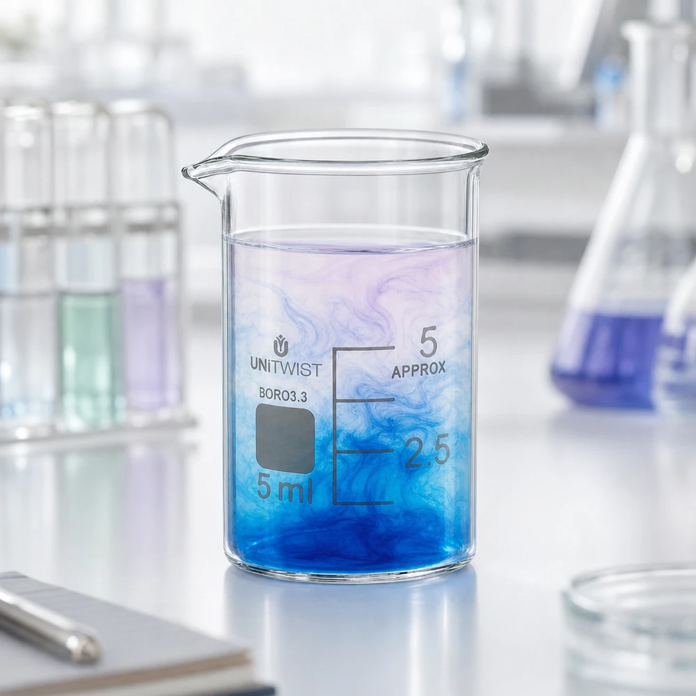 Kádinka 5ml borosilikátová, nízký tvar UNiTWIST Robustes Mini-Becherglas 5ml Borosilikat niedrige Form mit Ausgießer für Feinchemikalien