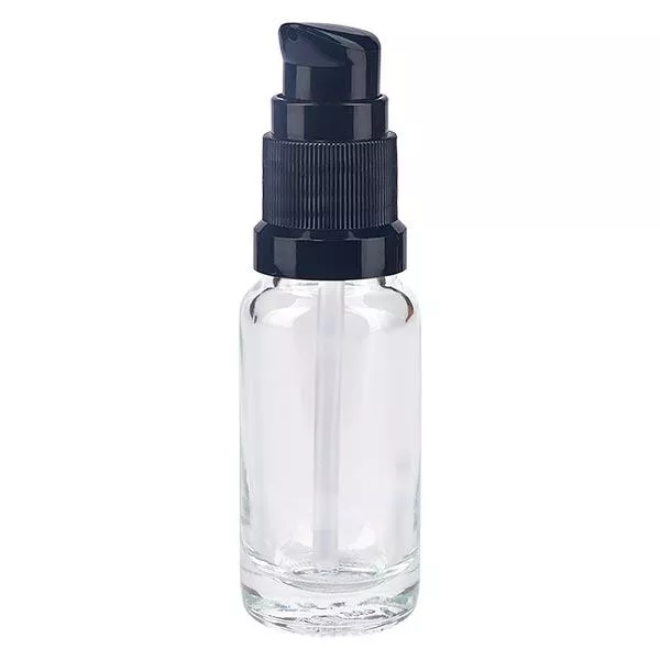 Lékárenská láhev čirá 10ml s pumpovacím uzávěrem černá standardní Lékárenská láhev čirá 10ml s pumpovacím uzávěrem černá standardní