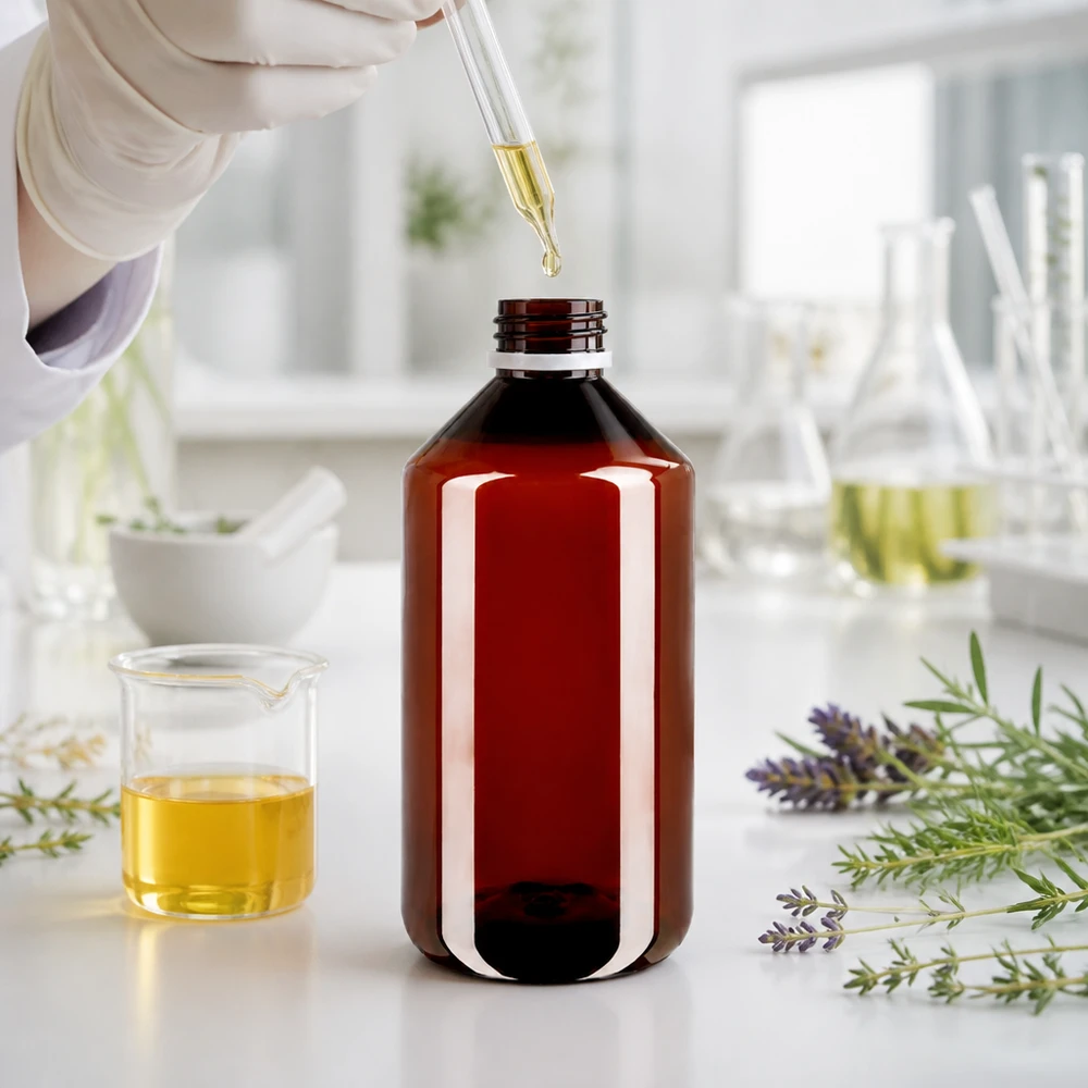 Hnědá kulatá PET láhev o objemu 750 ml s bílým šroubovacím uzávěrem v laboratoři