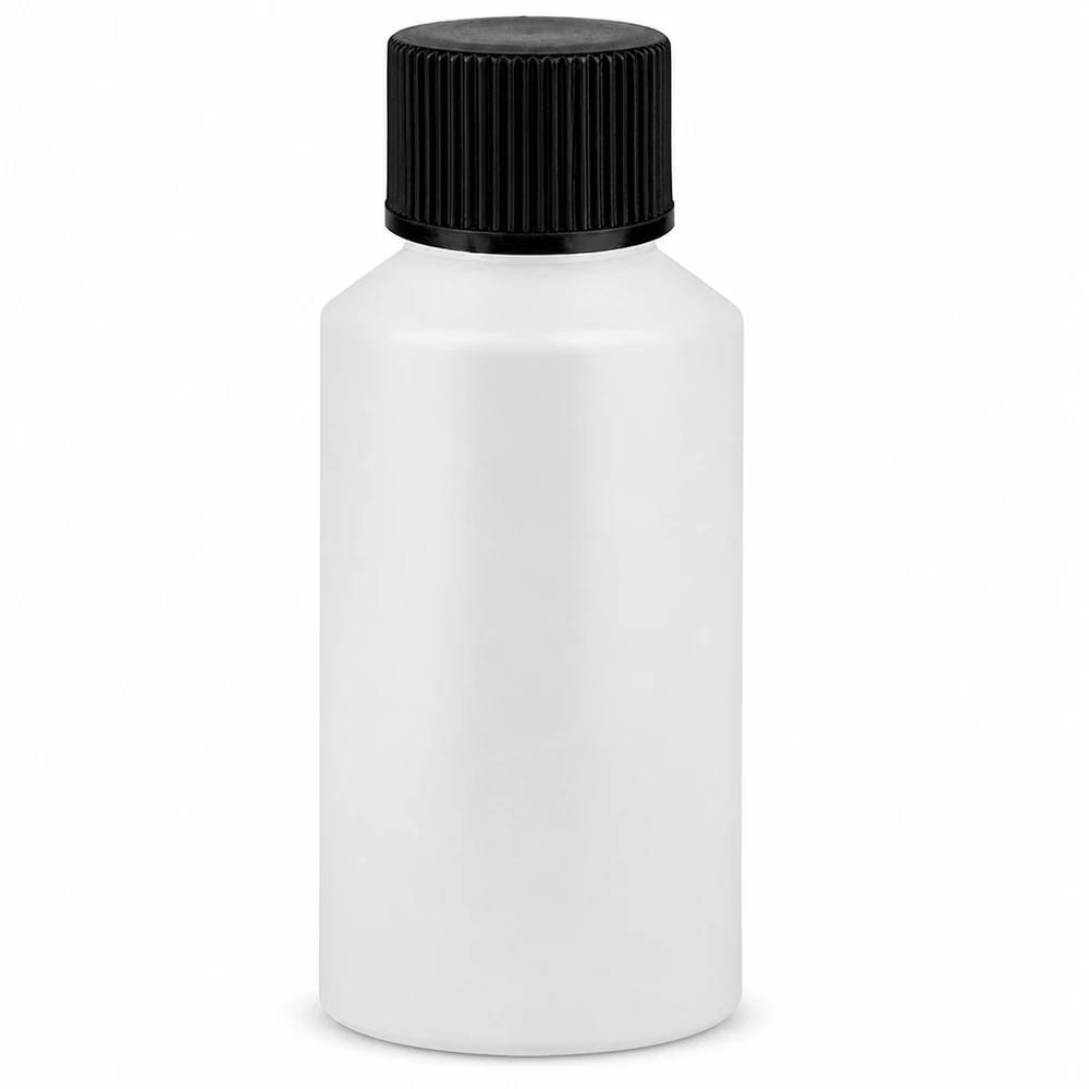 Lékárenská láhev HDPE 50ml bílá, s černým šroubovacím uzávěrem Lékárnická láhev z HDPE, 50 ml, bílá, s černým šroubovacím uzávěrem pro farmaceutické účely