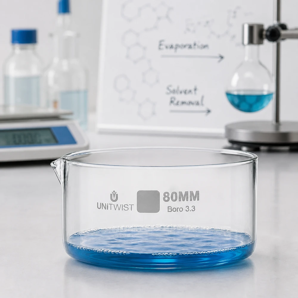 UNiTWIST Laborschale aus Boro 3.3 Glas ø80mm mit wellenförmiger blauer Flüssigkeit