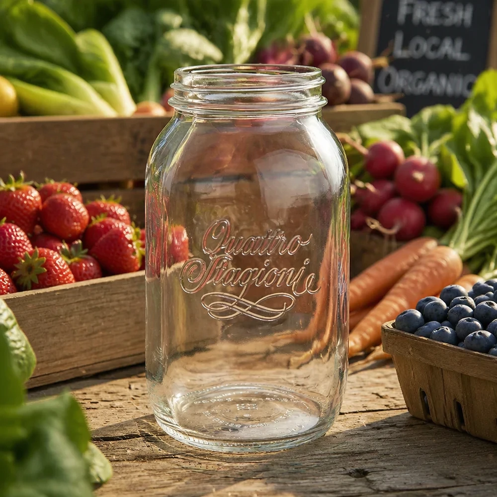 1500ml kulatá zavařovací sklenice "Quattro Stagioni" QS86mm 1500ml Quattro Stagioni Haushaltsglas Einmachglas auf Holztisch mit frischem Obst und Gemüse im Hintergrund