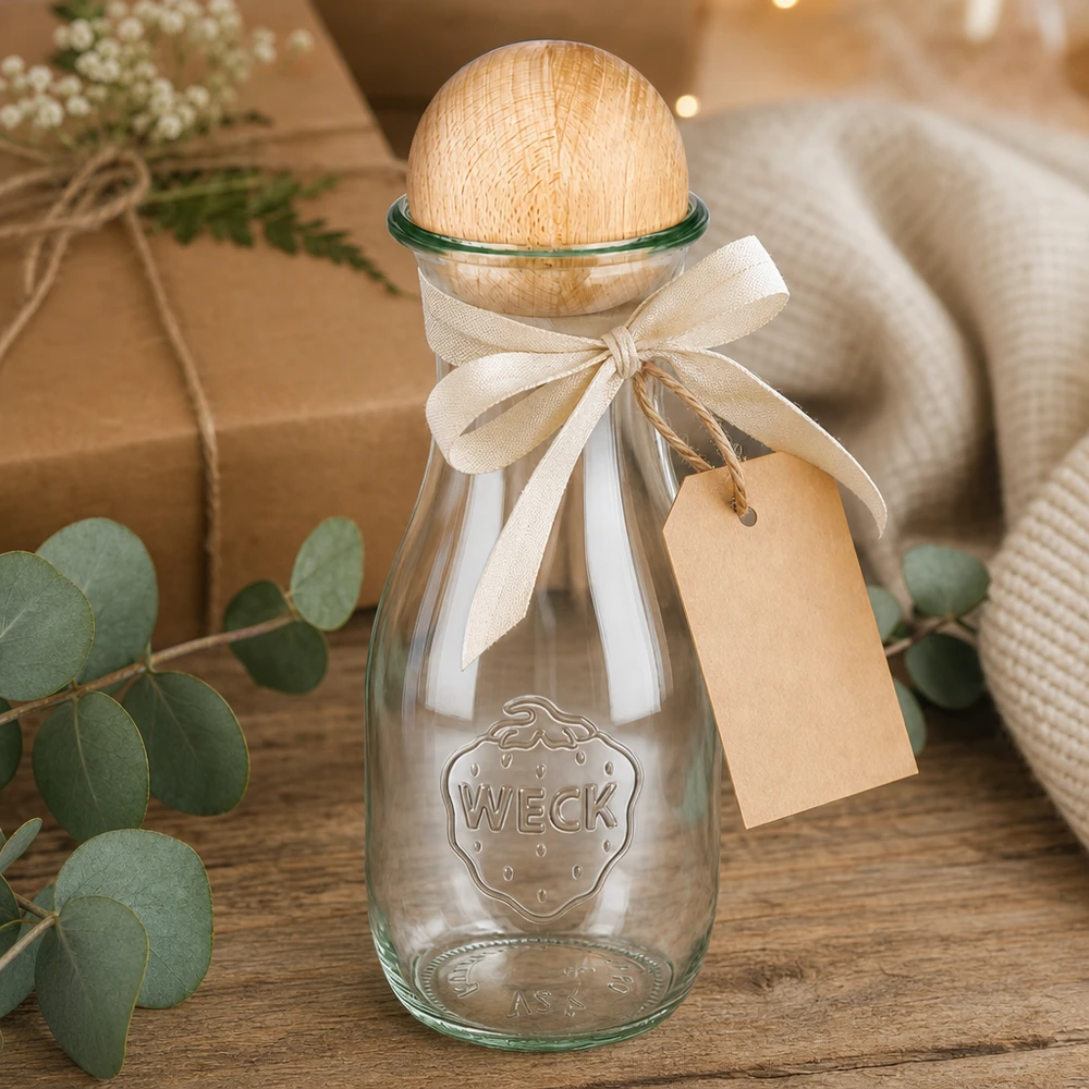 530ml láhev na džus WECK RR60 s dřevěnou kuličkou buk WECK Saftflasche 530ml als Geschenk verpackt mit Schleife und Anhänger neben Eukalyptus und Dekoration