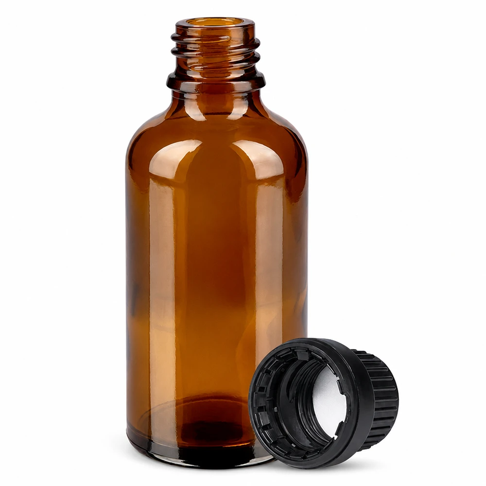 Handliche 50ml Braunglas-Flasche mit schwarzem Verschluss perfekt für Aromatherapie und Essenzen