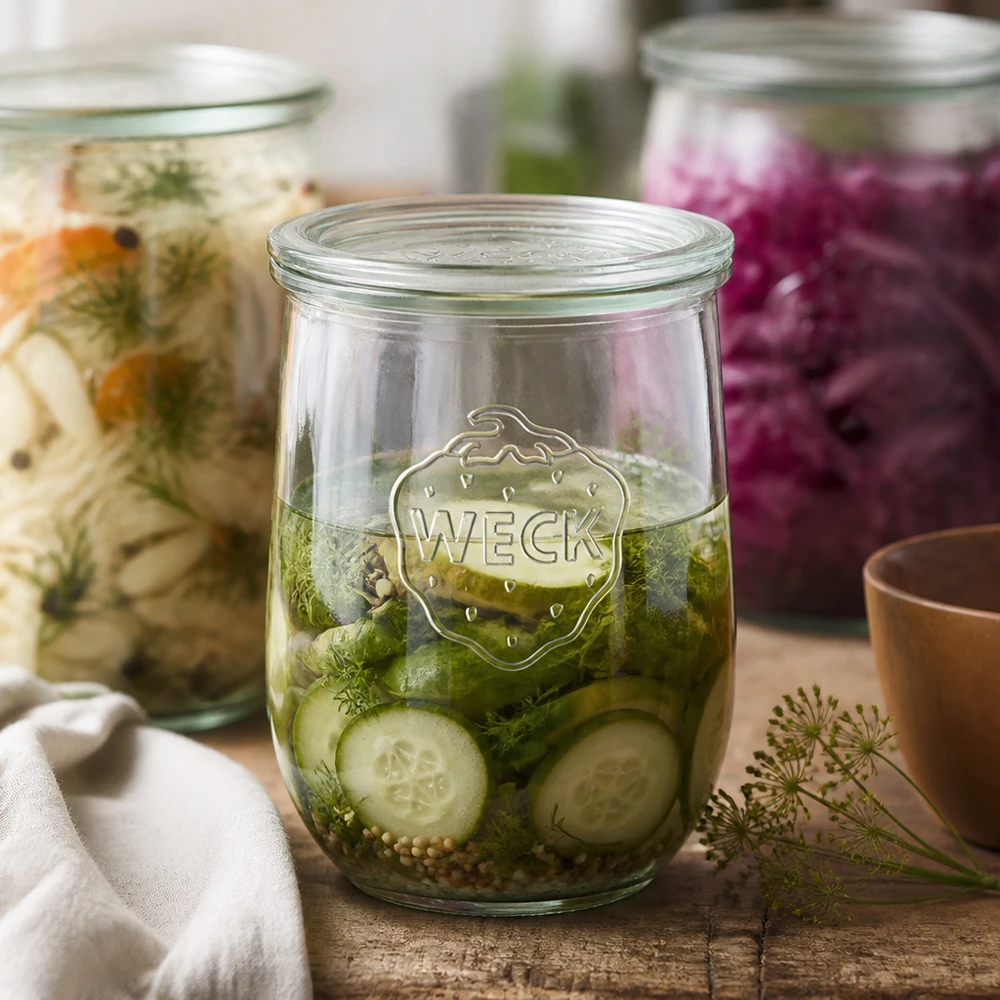 1062ml sklenice na tulipány se skleněným víčkem WECK RR100 WECK Tulpenglas 1062ml eingelegte Gurken Dill Gewürze fermentiertes Gemüse RR100 Glasdeckel Konservierung