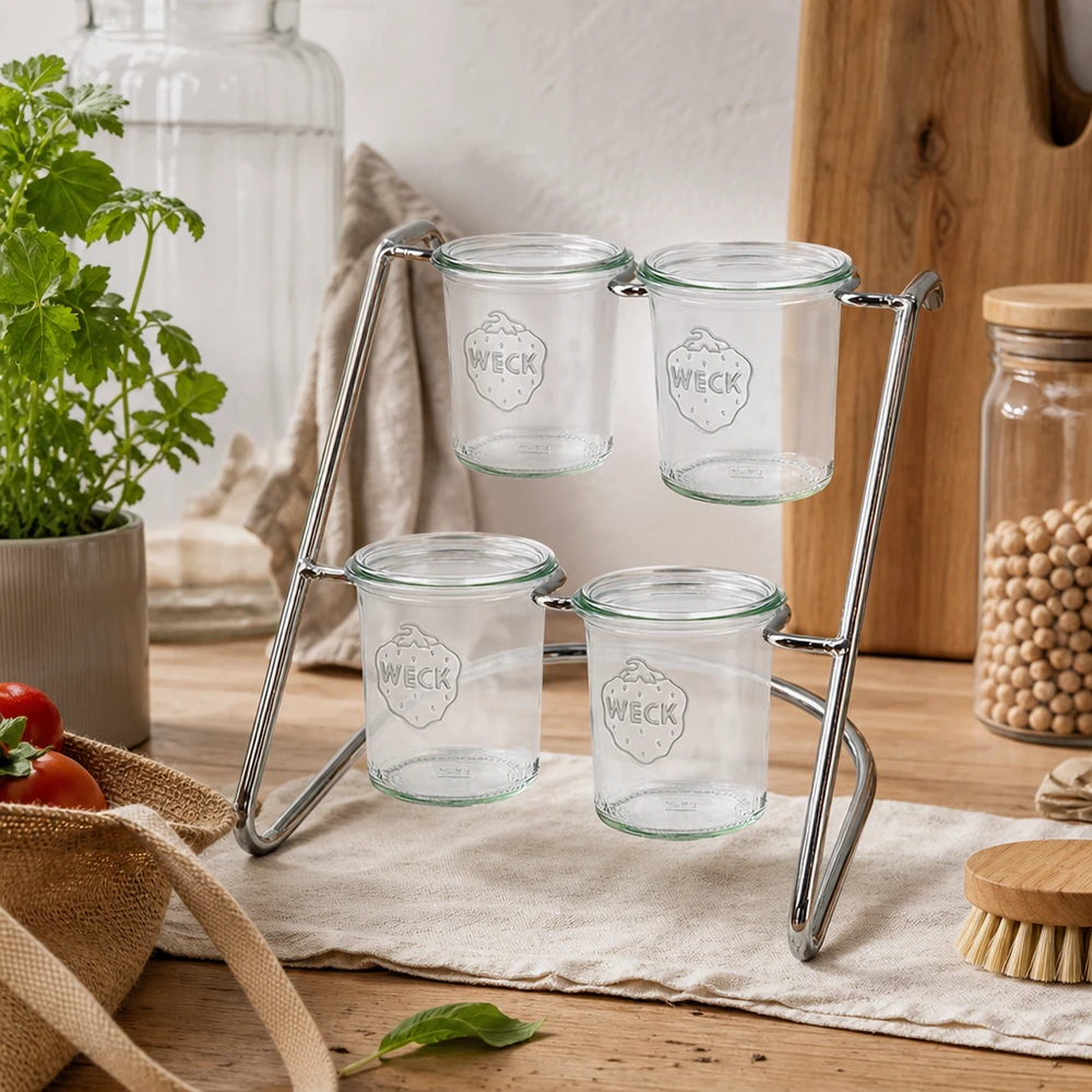 Servírovací stojan Flato4 na 4 kelímky WECK Serviergestell Flato4 auf Holztisch mit leeren WECK Gläsern - minimalistisches Design für natürliche Küchendekoration