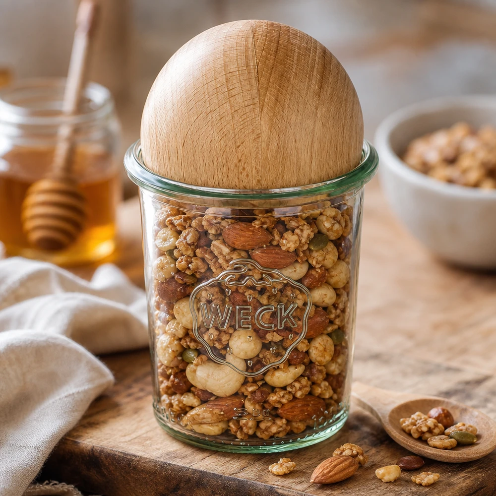 160ml kelímky WECK RR60 s dřevěnou kuličkou buk WECK Sturzglas RR60 160ml mit Buchenkugel gefüllt mit Nüssen, dekorativ arrangiert auf Holzbrett mit Honig